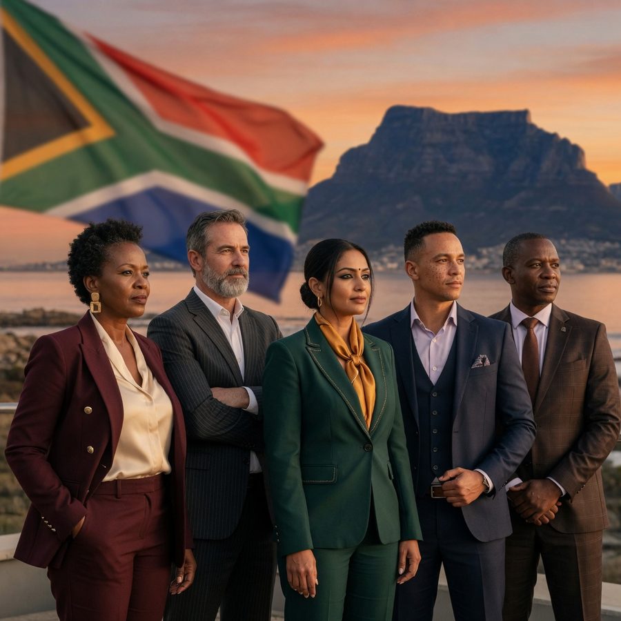 A diverse team of South African business leaders standing together, Table Mountain behind them