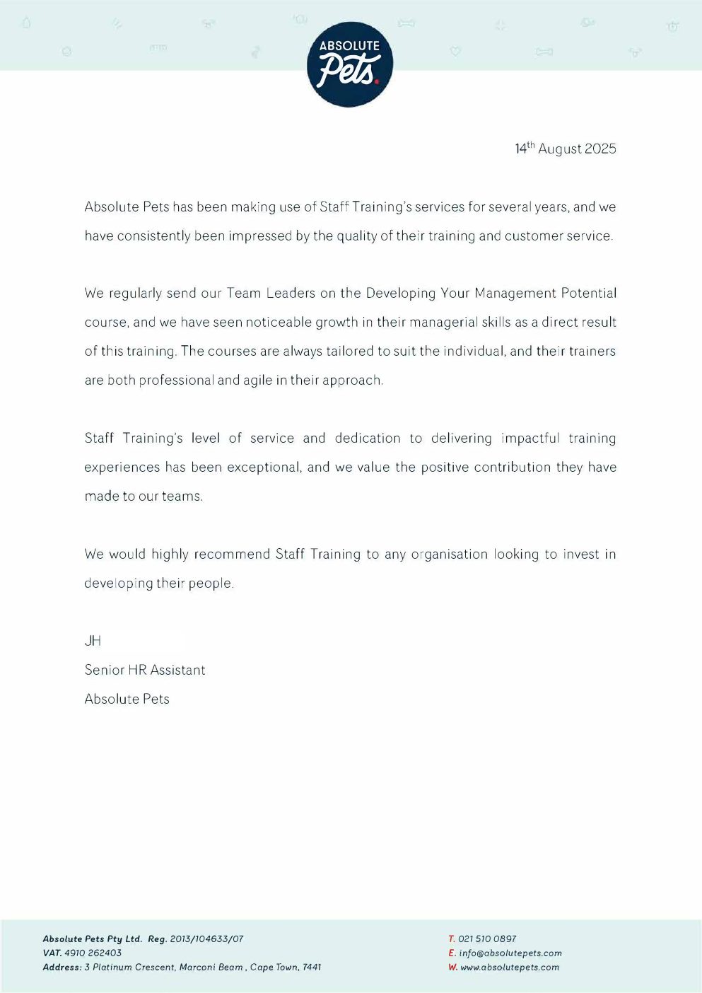 Letter of reference from Absolute Pets