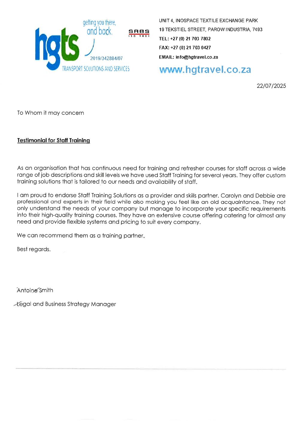 Letter of reference from HGTS Transport Solutions and Services