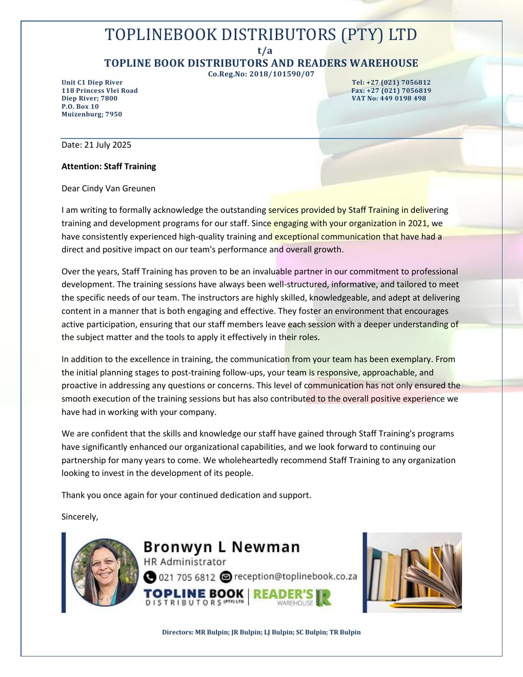 Letter of reference from Topline Book Distributors