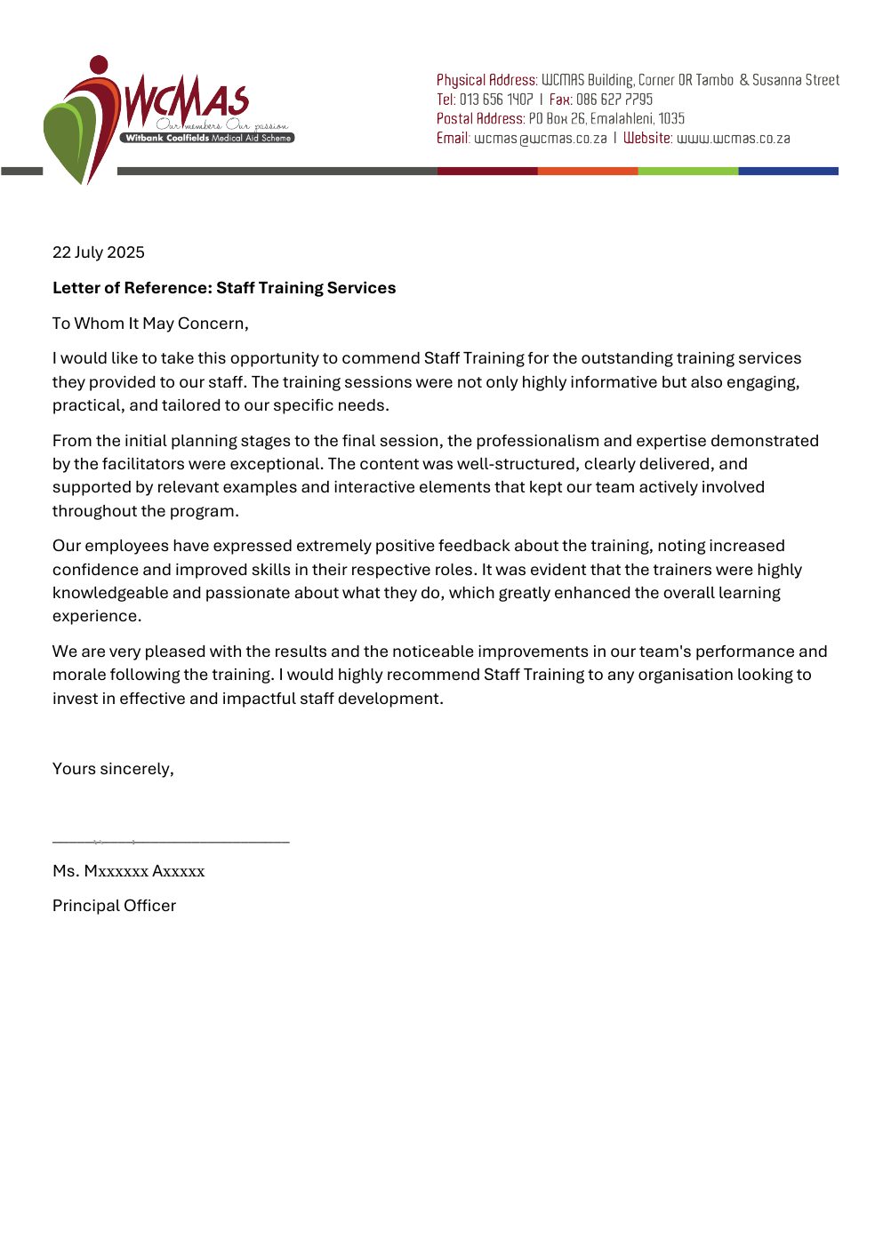 Letter of reference from Witbank Coalfields Medical Aid Scheme